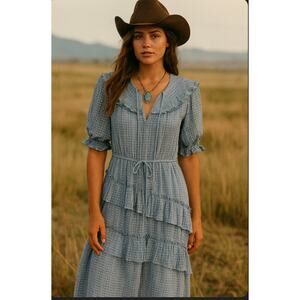 Anthropologie Current Air Ruffle Maxi Blue Ruffle Dress M Cottagecore Prairie